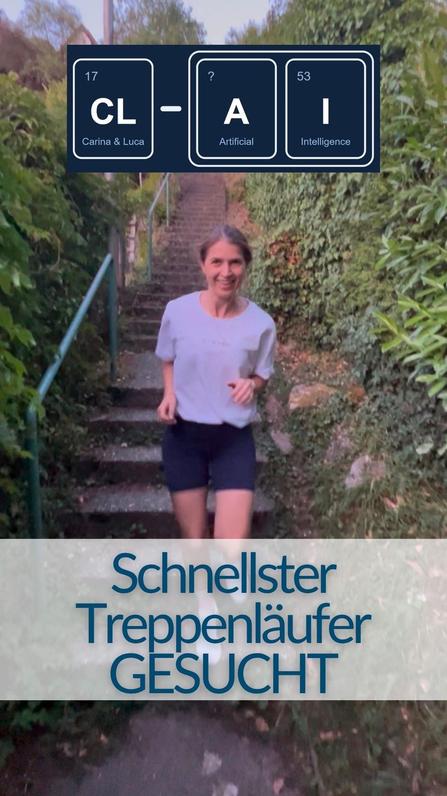 Carina läuft eine Treppe in Remseck hinauf, darüber der Schriftzug Schnellster Treppenläufer gesucht